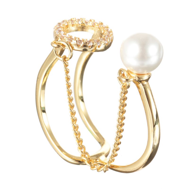 Mote Open End Ring 18k Gullbelagt Zirconia Rund Pearl For Kvinner