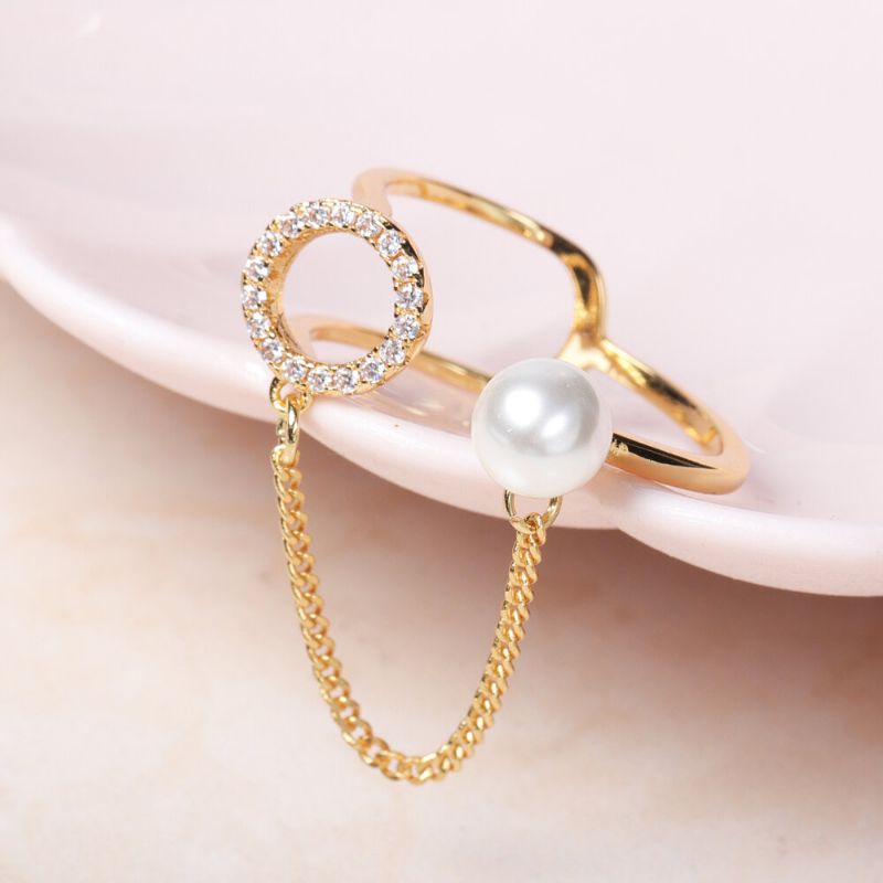 Mote Open End Ring 18k Gullbelagt Zirconia Rund Pearl For Kvinner