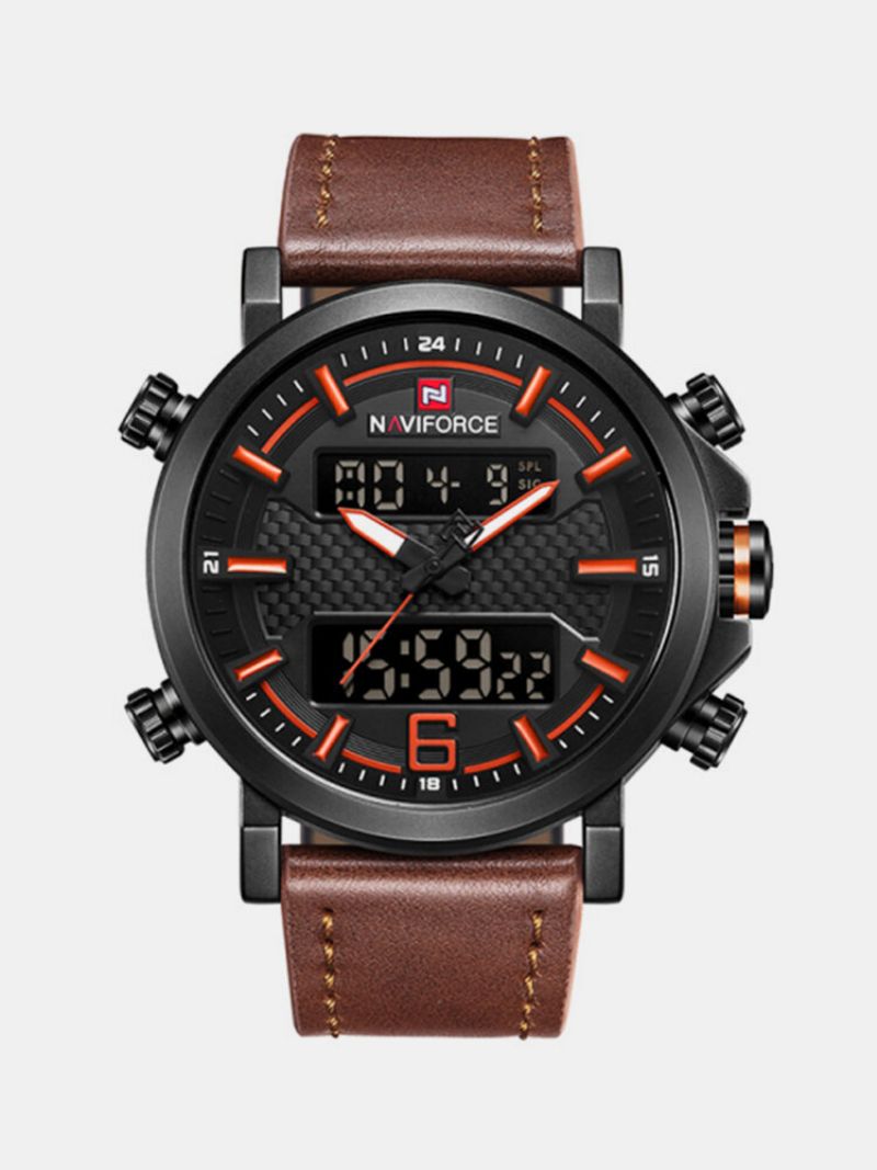 Naviforce 9135 Dual Display Digital Watch Leather Band Chronograph Vanntette Herreklokker