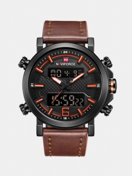 Naviforce 9135 Dual Display Digital Watch Leather Band Chronograph Vanntette Herreklokker