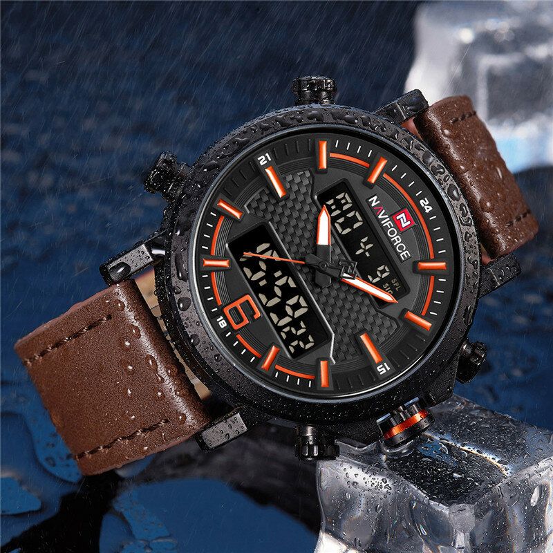 Naviforce 9135 Dual Display Digital Watch Leather Band Chronograph Vanntette Herreklokker