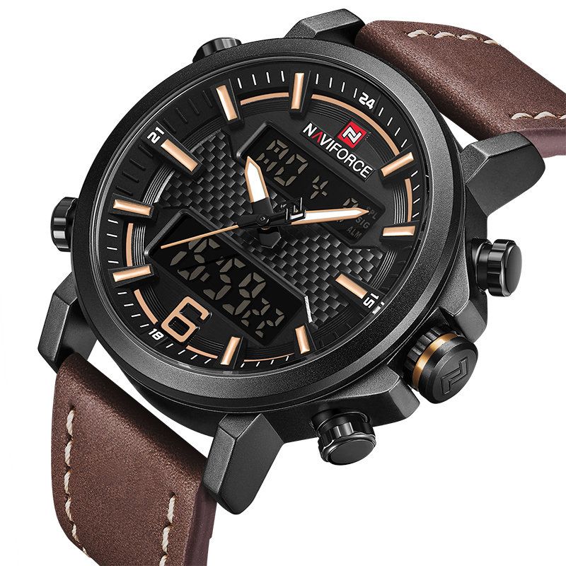 Naviforce 9135 Dual Display Digital Watch Leather Band Chronograph Vanntette Herreklokker