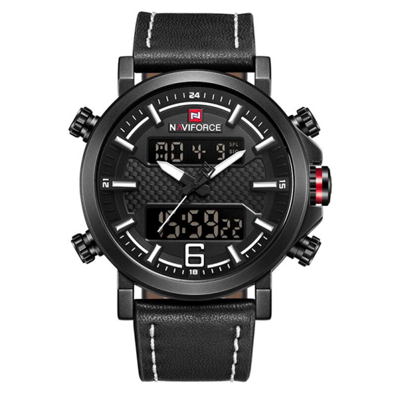 Naviforce 9135 Dual Display Digital Watch Leather Band Chronograph Vanntette Herreklokker