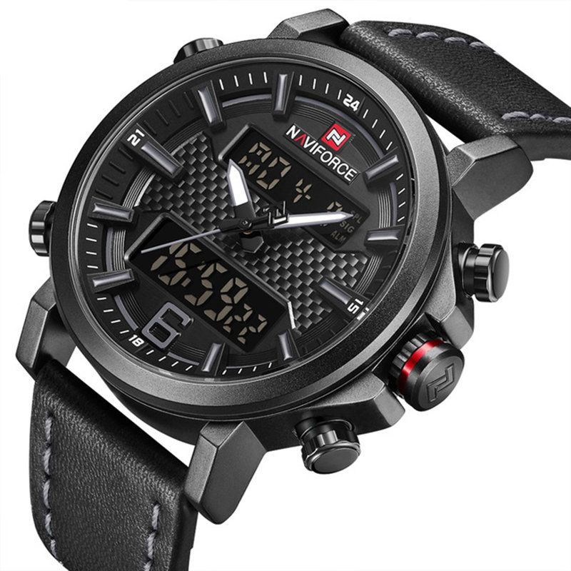 Naviforce 9135 Dual Display Digital Watch Leather Band Chronograph Vanntette Herreklokker