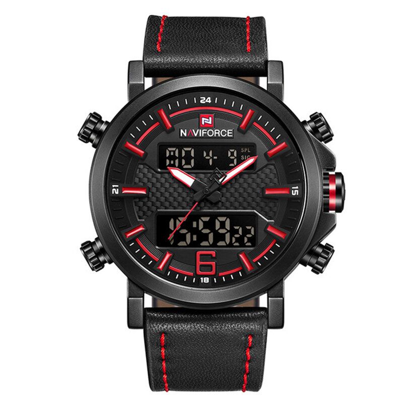 Naviforce 9135 Dual Display Digital Watch Leather Band Chronograph Vanntette Herreklokker