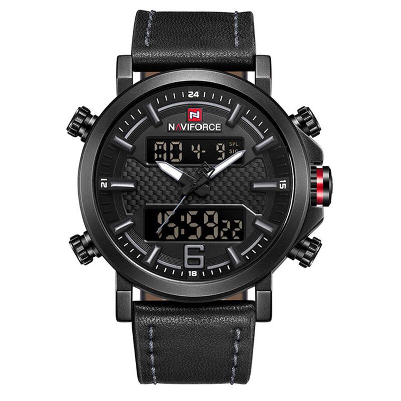 Naviforce 9135 Dual Display Digital Watch Leather Band Chronograph Vanntette Herreklokker