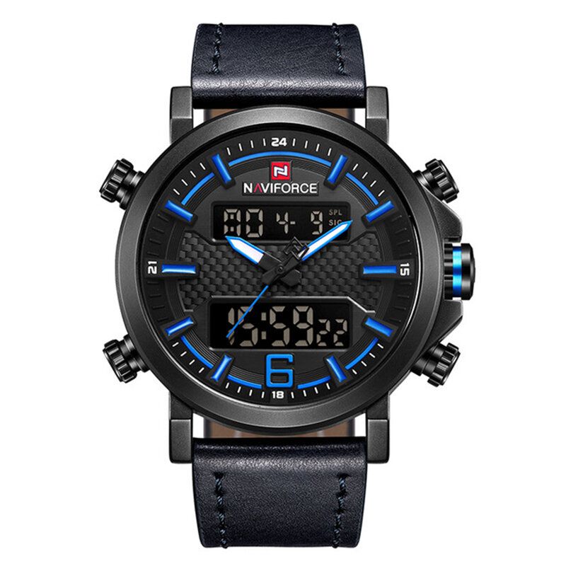 Naviforce 9135 Dual Display Digital Watch Leather Band Chronograph Vanntette Herreklokker