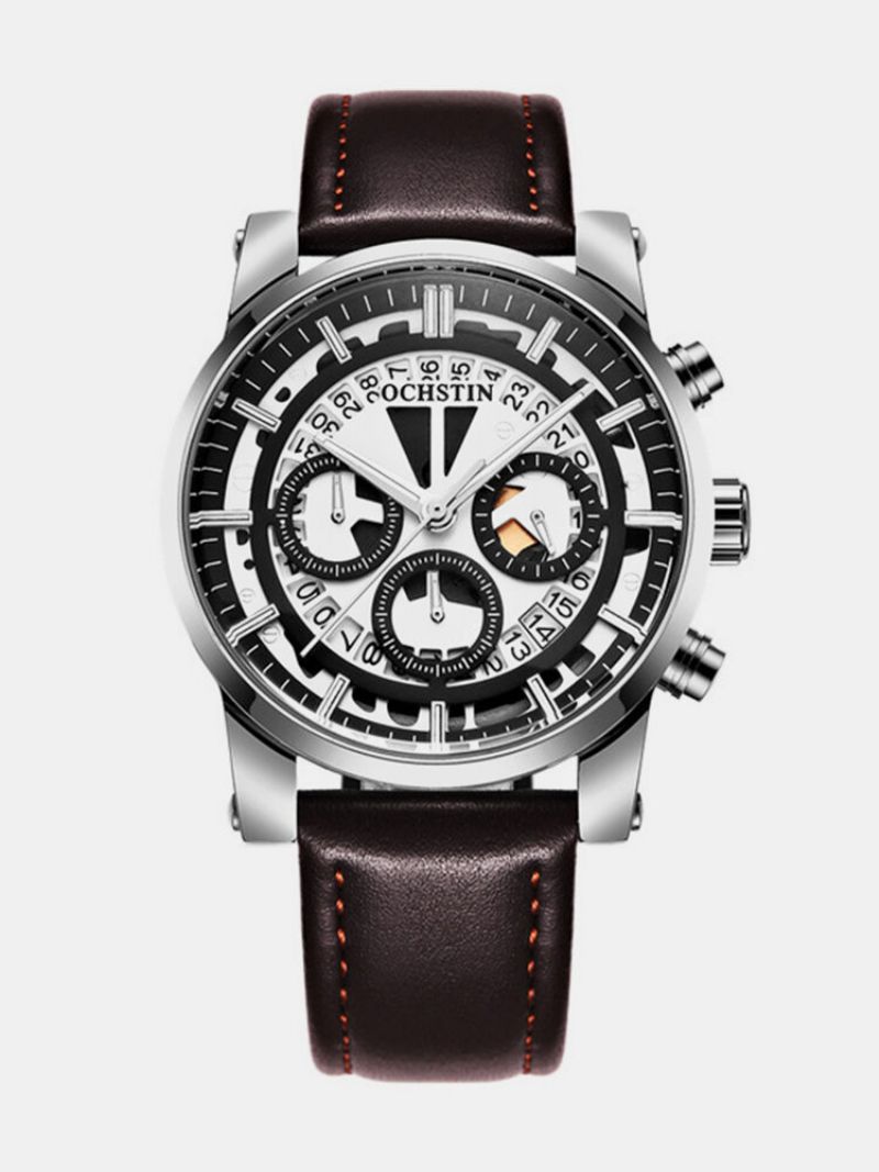 Ochstin Business Quartz Armbåndsur Lysende Display Chronograph Lærrem Watch For Men