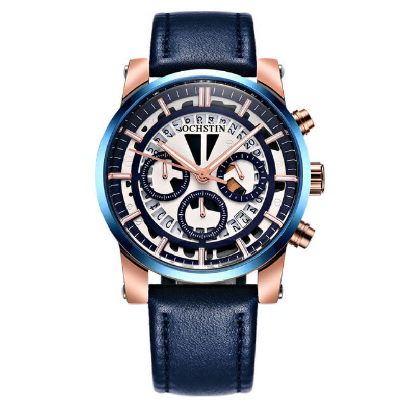 Ochstin Business Quartz Armbåndsur Lysende Display Chronograph Lærrem Watch For Men