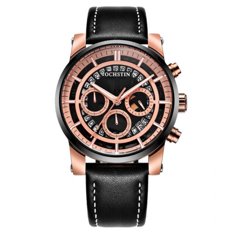 Ochstin Business Quartz Armbåndsur Lysende Display Chronograph Lærrem Watch For Men