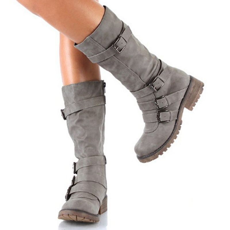 Stor Størrelse Spenne Dekorasjon Glidelås Mid Calf Fashion Boots