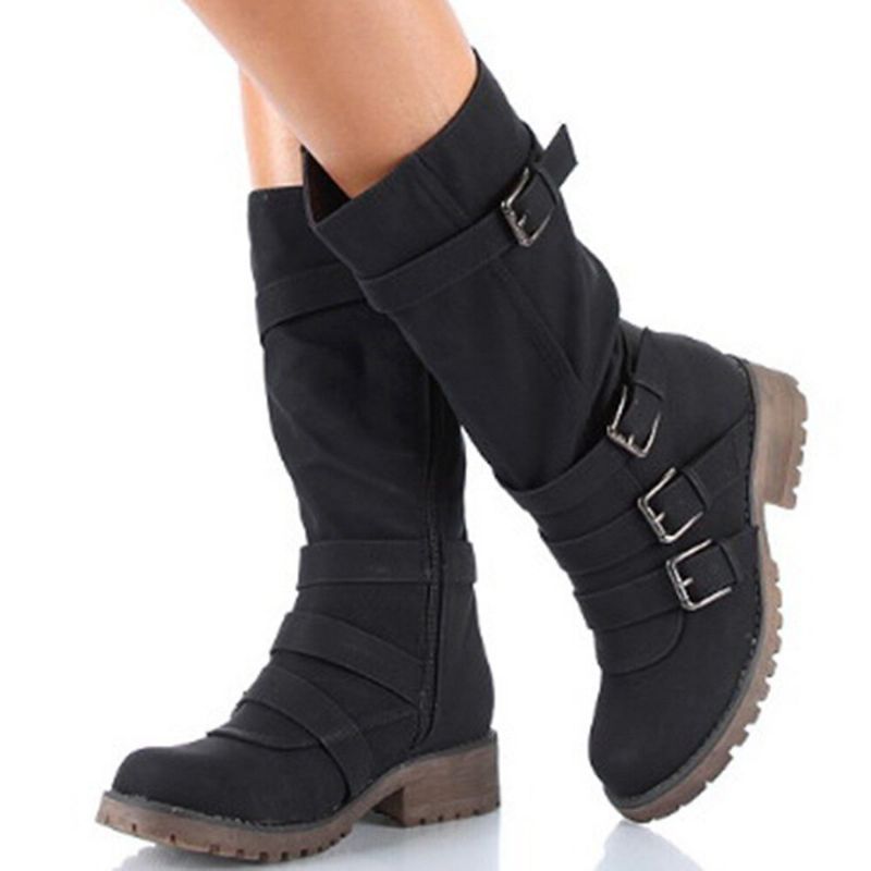 Stor Størrelse Spenne Dekorasjon Glidelås Mid Calf Fashion Boots