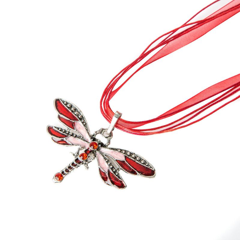 Trendy Fargerik Dragonfly Anheng Halskjeder Rhinestones Stoff Kvinners Lange