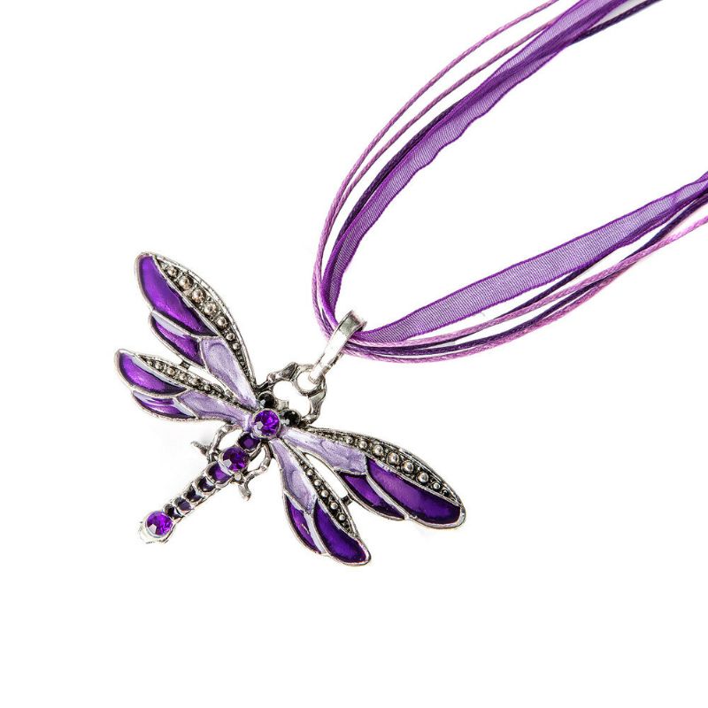 Trendy Fargerik Dragonfly Anheng Halskjeder Rhinestones Stoff Kvinners Lange