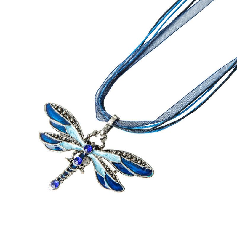 Trendy Fargerik Dragonfly Anheng Halskjeder Rhinestones Stoff Kvinners Lange