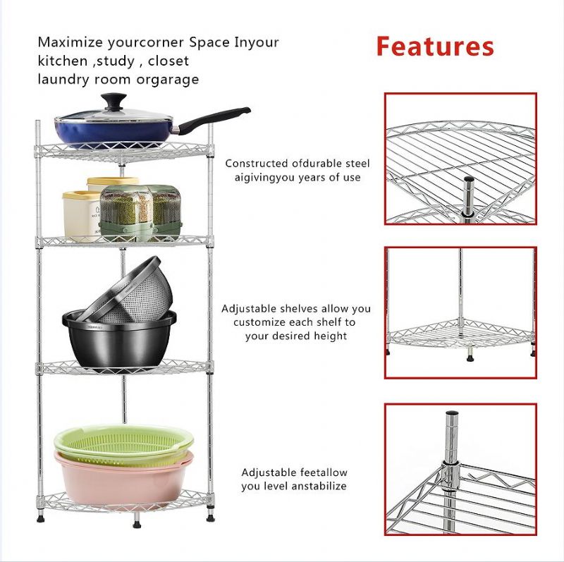 4-hyllers Hjørne Trådhylle Justerbar Metall Frittstående Lagring Display Stativ For Bad Stue Kjøkken