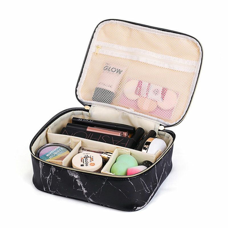 Bærbar Comestic Bag Marmor Makeup Organizer Veske Oppbevaringsveske Reiseveske Svart Hvit To Størrelse