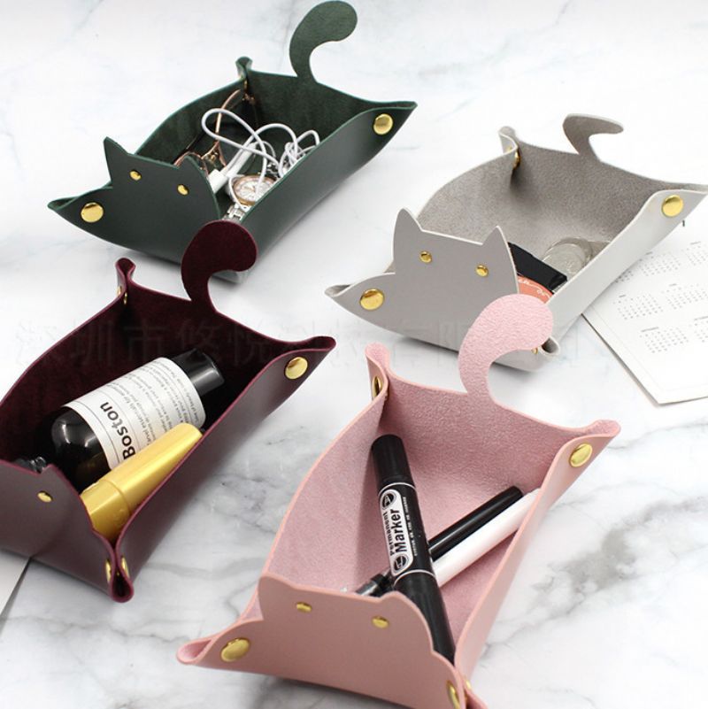 Cat Cartoon Pu Leather Desktop Oppbevaringsboks Creative Folding Button Tray Oppbevaringskurv