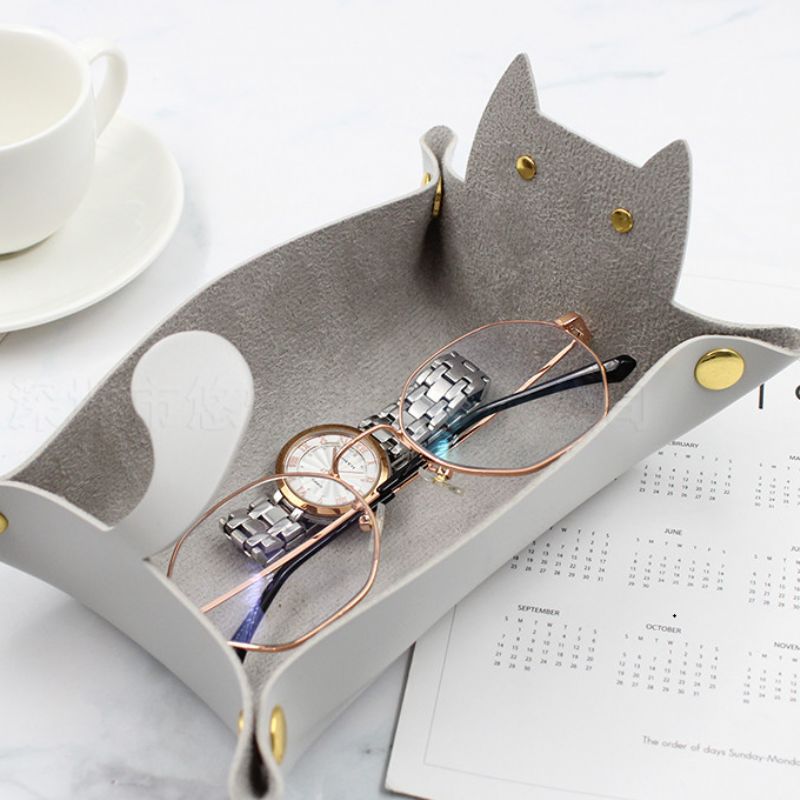 Cat Cartoon Pu Leather Desktop Oppbevaringsboks Creative Folding Button Tray Oppbevaringskurv