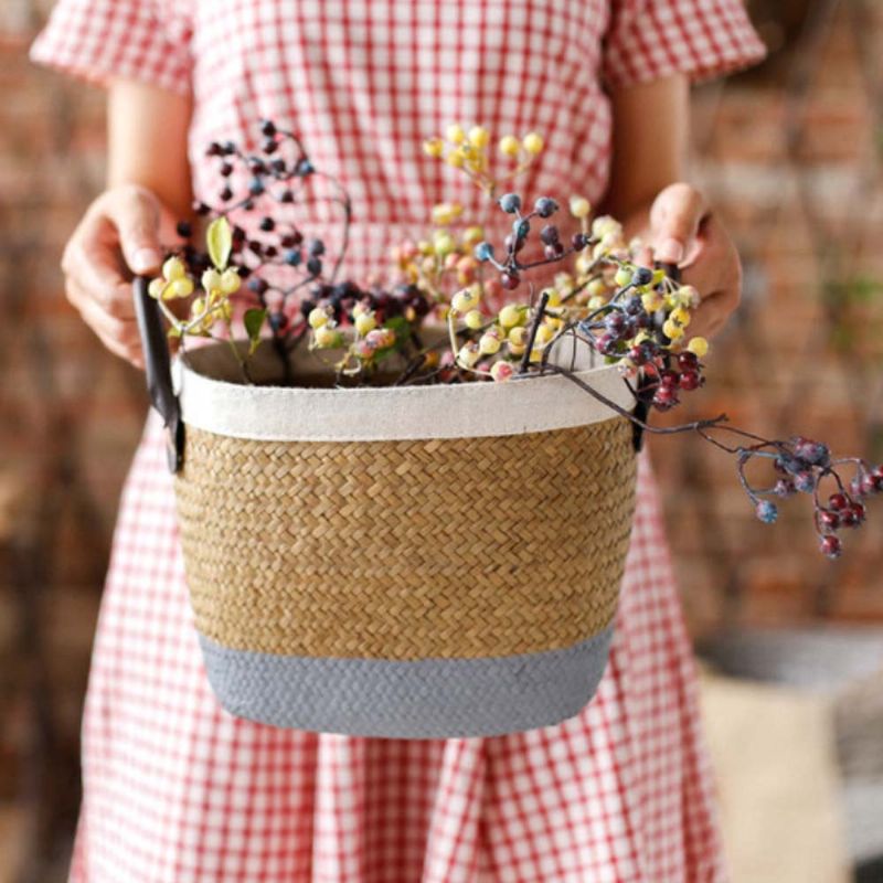 Håndlaget Vevd Kurv Stor Kapasitet Hjemmeleker Oppbevaringspose Handlepose Mote Hjem Blomsterkurv Dekor Med Skinnhåndtak