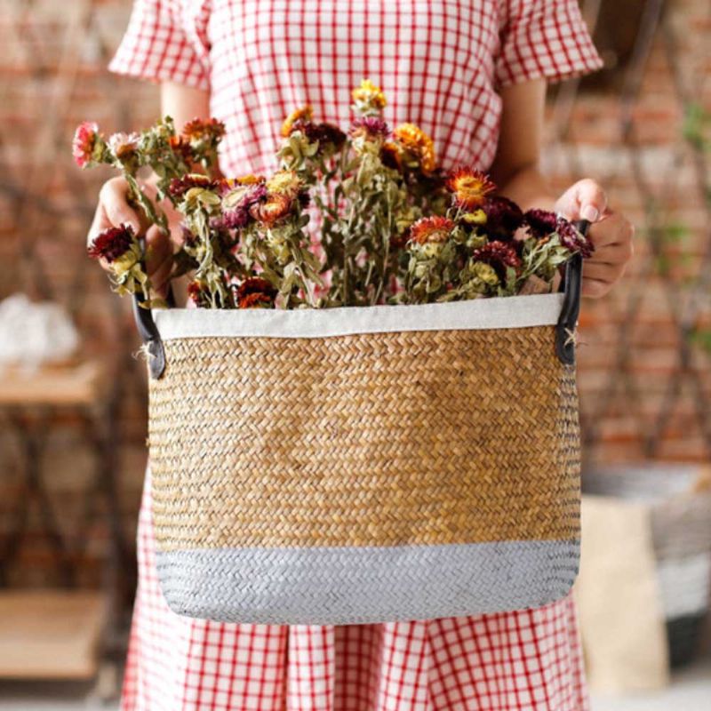 Håndlaget Vevd Kurv Stor Kapasitet Hjemmeleker Oppbevaringspose Handlepose Mote Hjem Blomsterkurv Dekor Med Skinnhåndtak