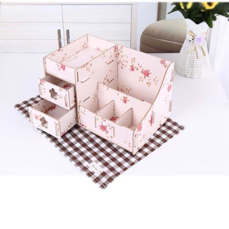 Korea Diy Wooden Makeup Organizer Desktop Oppbevaringsboks Oppbevaringsbeholder