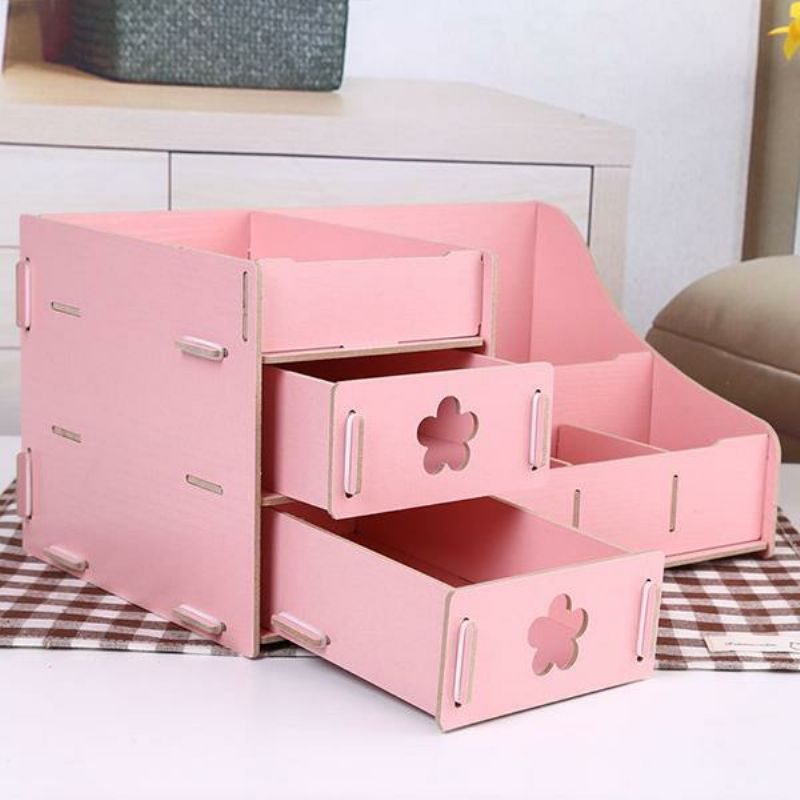 Korea Diy Wooden Makeup Organizer Desktop Oppbevaringsboks Oppbevaringsbeholder