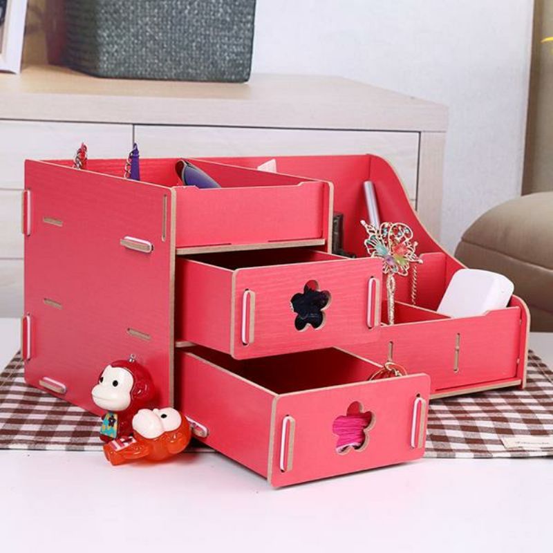 Korea Diy Wooden Makeup Organizer Desktop Oppbevaringsboks Oppbevaringsbeholder