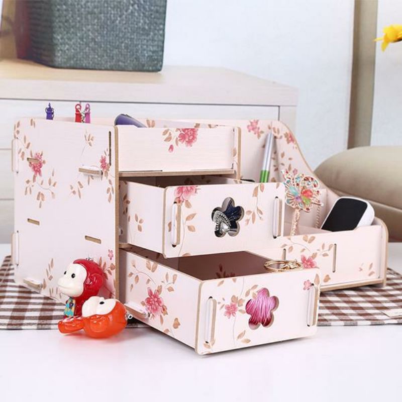 Korea Diy Wooden Makeup Organizer Desktop Oppbevaringsboks Oppbevaringsbeholder