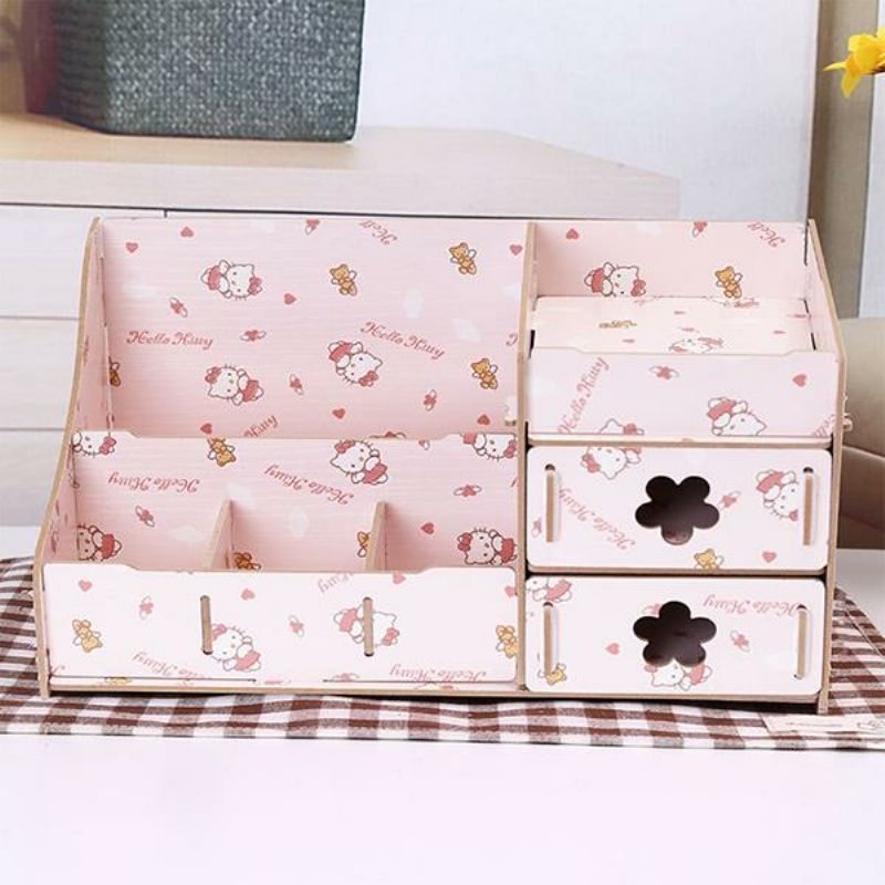 Korea Diy Wooden Makeup Organizer Desktop Oppbevaringsboks Oppbevaringsbeholder