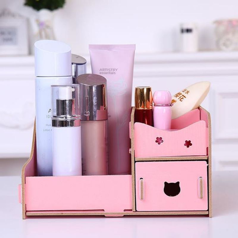 Korea Diy Wooden Makeup Organizer Desktop Oppbevaringsboks Oppbevaringsbeholder