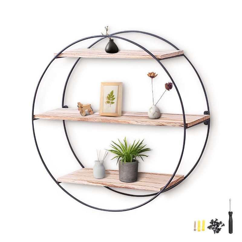 Retro Round Wood Iron Craft Vegghylle Rack Oppbevaring Industriell Stil