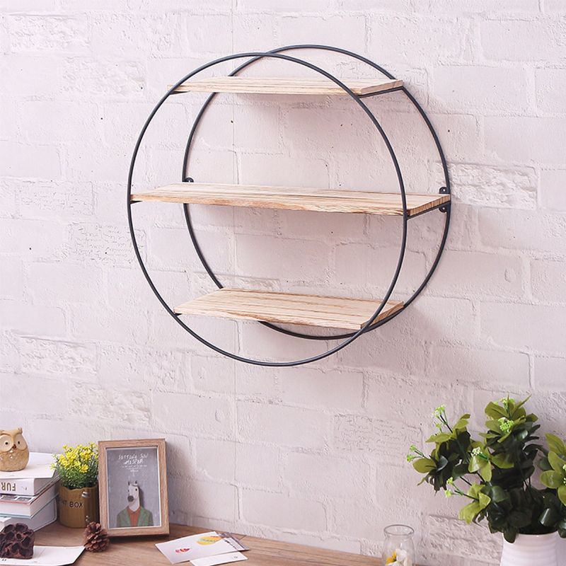 Retro Round Wood Iron Craft Vegghylle Rack Oppbevaring Industriell Stil