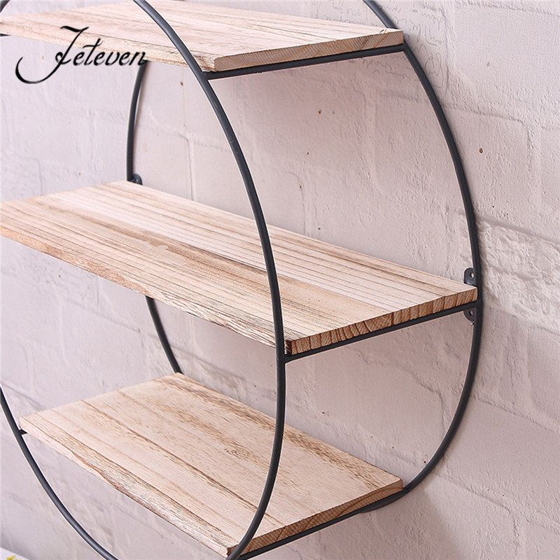 Retro Round Wood Iron Craft Vegghylle Rack Oppbevaring Industriell Stil