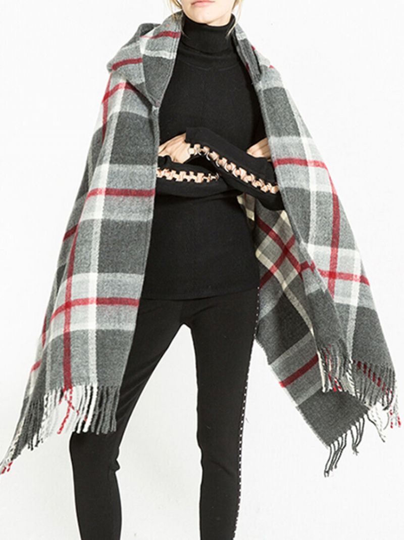 Kvinner Vinter Varm Tartan Cashmere Skjerf Ny Designer Rute Hette Wraps