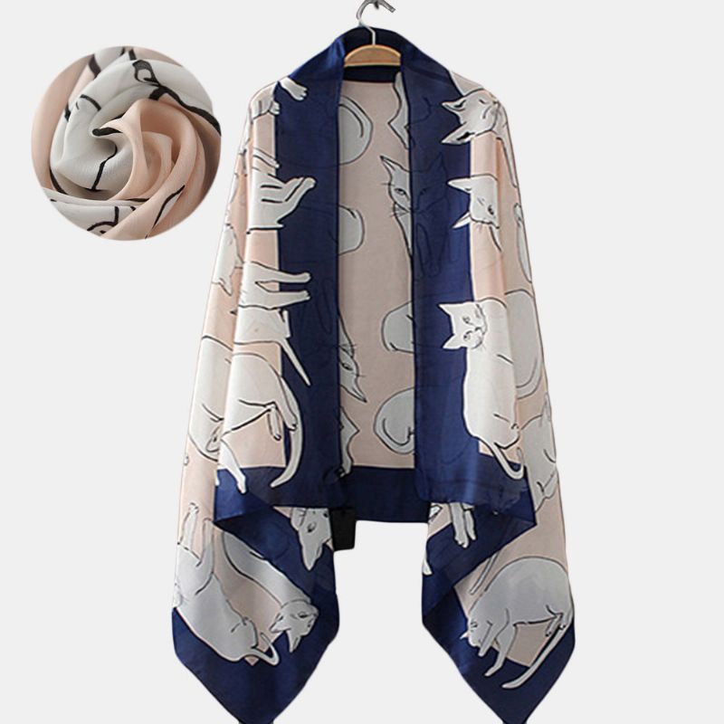 Søt Cat Pttern Casual Print Silke Skjerf Strand Sjal