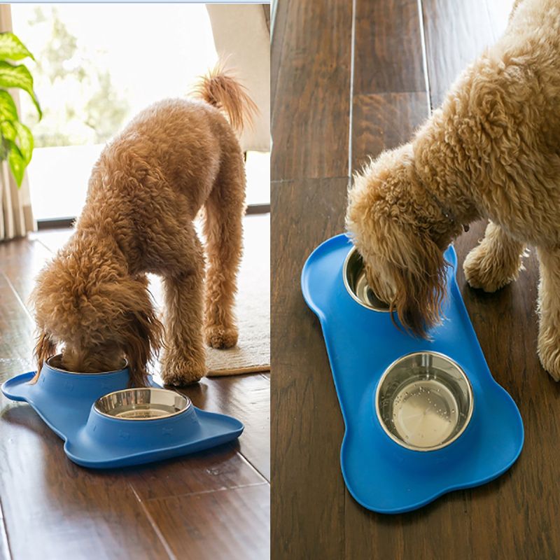 Hund Kattskåler Rustfritt Stål Ingen Søl Silikonmatte Pet Vannmatskål