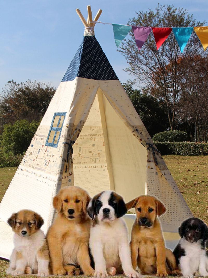 Large Kids Pet Teepee Canvas Leketelt Tipi Outdoor Beige Med Polstret Gulvmatte