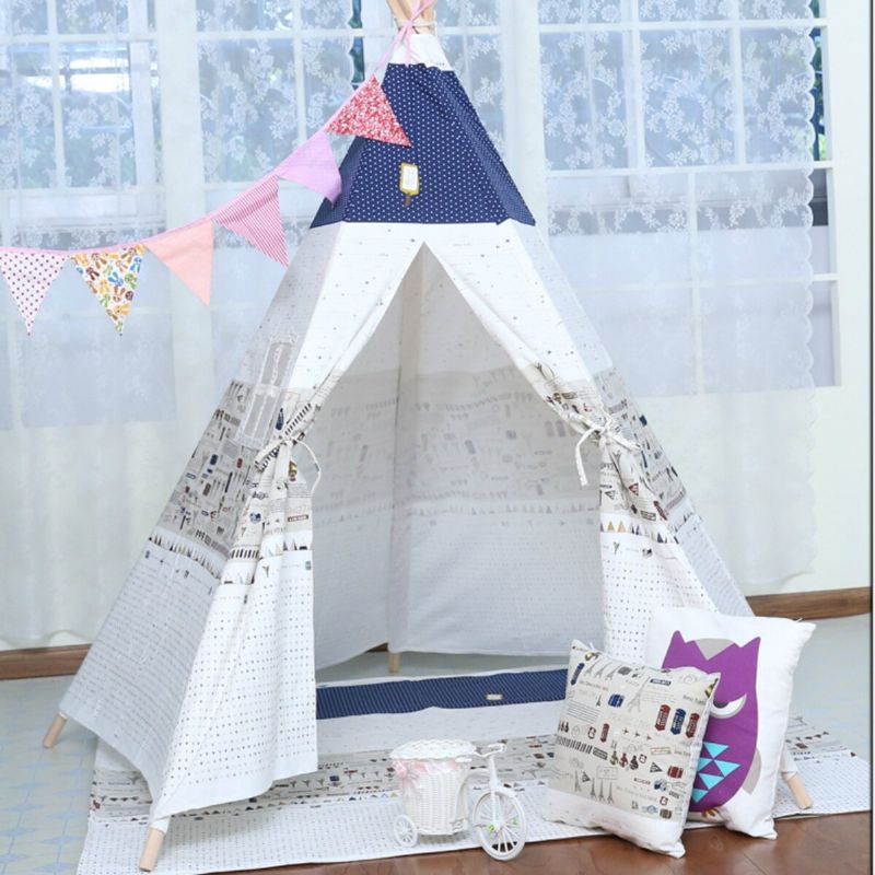 Large Kids Pet Teepee Canvas Leketelt Tipi Outdoor Beige Med Polstret Gulvmatte