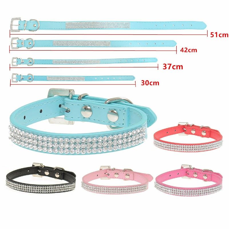 Rhinestones Diamante Crystal Band Pu Leather Bling Puppy Dog Cat Pet Collar Tag