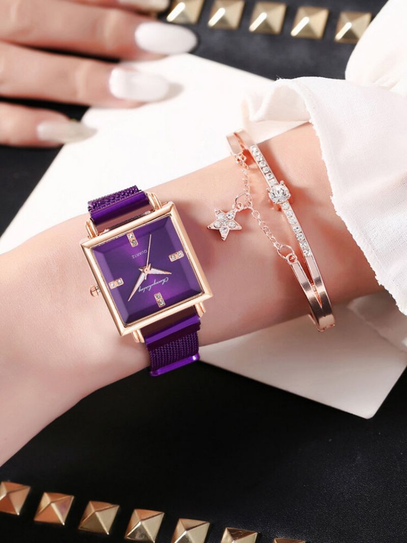 2 Stk Kvinner Armbåndsur Sett Square Dial Quartz Watch Star Pendant Bangle Smykker Gift