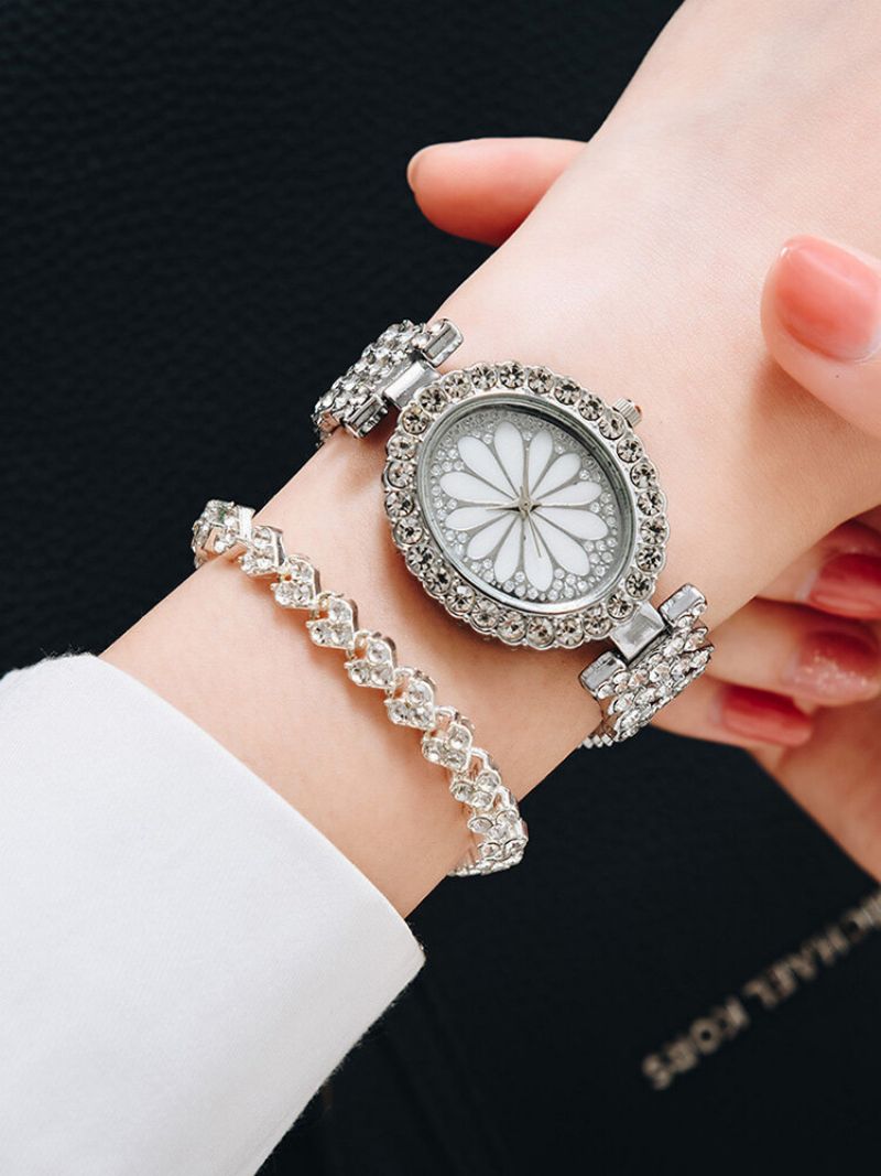 2 Stk/sett Dame Trendy Full Rhinestone Blonder Oval-formet Urskive Klokke Dekorert Pointer Quartz Watch Rhinestones Armbånd