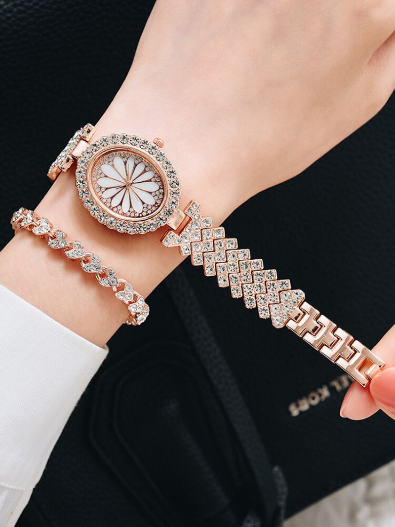 2 Stk/sett Dame Trendy Full Rhinestone Blonder Oval-formet Urskive Klokke Dekorert Pointer Quartz Watch Rhinestones Armbånd