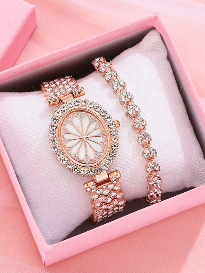 2 Stk/sett Dame Trendy Full Rhinestone Blonder Oval-formet Urskive Klokke Dekorert Pointer Quartz Watch Rhinestones Armbånd