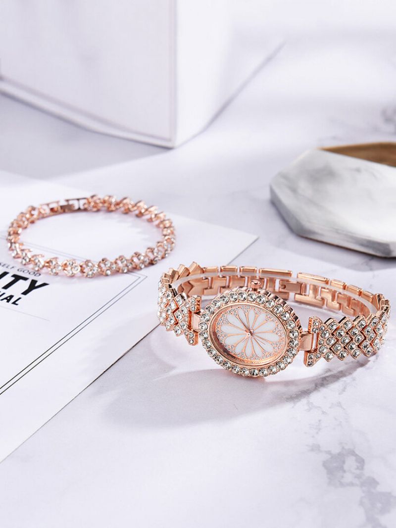 2 Stk/sett Dame Trendy Full Rhinestone Blonder Oval-formet Urskive Klokke Dekorert Pointer Quartz Watch Rhinestones Armbånd