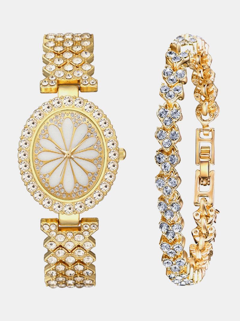 2 Stk/sett Dame Trendy Full Rhinestone Blonder Oval-formet Urskive Klokke Dekorert Pointer Quartz Watch Rhinestones Armbånd