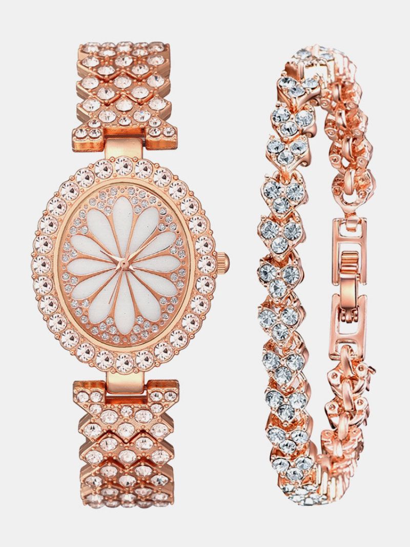 2 Stk/sett Dame Trendy Full Rhinestone Blonder Oval-formet Urskive Klokke Dekorert Pointer Quartz Watch Rhinestones Armbånd