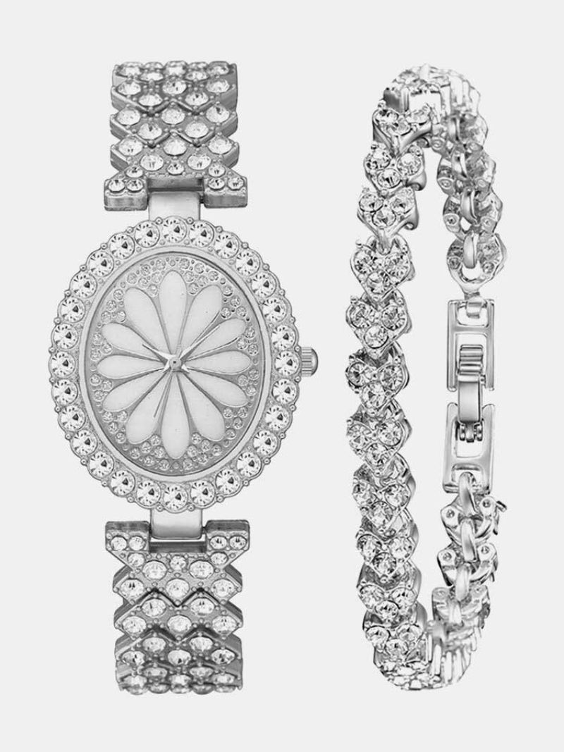 2 Stk/sett Dame Trendy Full Rhinestone Blonder Oval-formet Urskive Klokke Dekorert Pointer Quartz Watch Rhinestones Armbånd