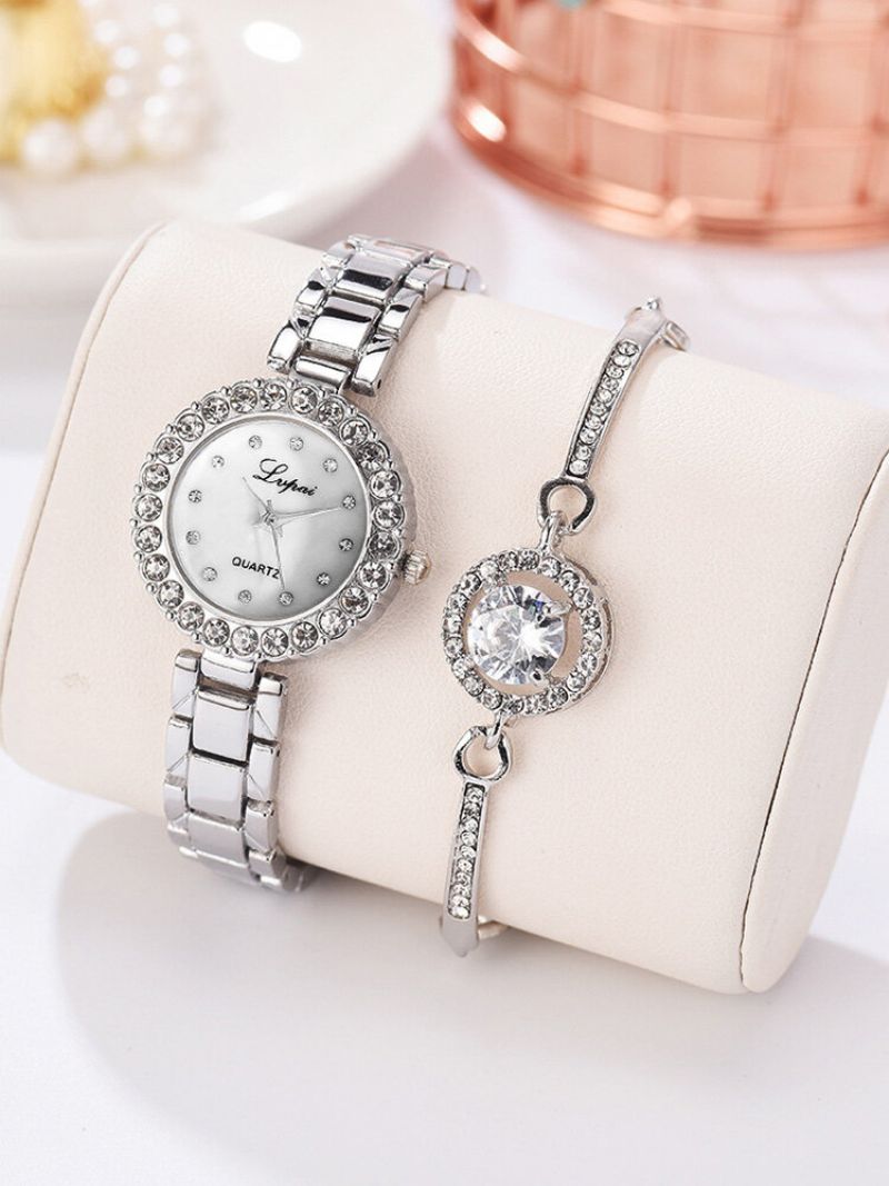 2 Stk/sett Dame Trendy Innlagt Rhinestone Liten Urskive Klokke Dekorert Pointer Quartz Watch Full Armbånd