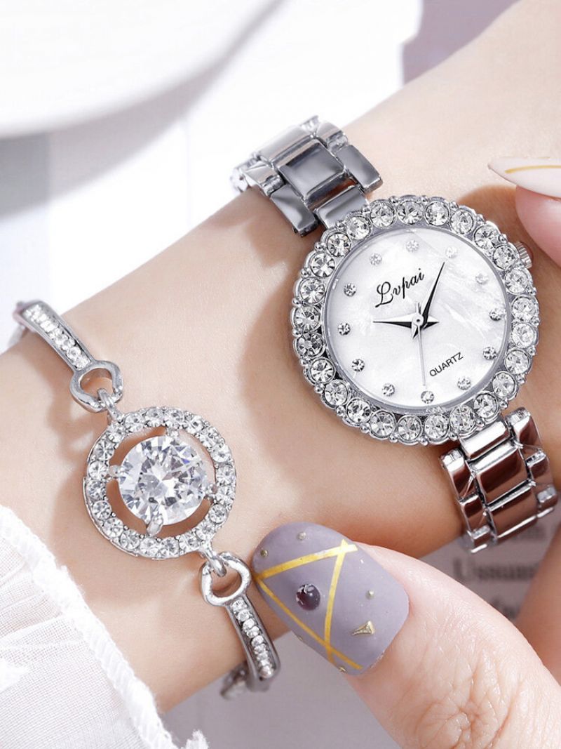 2 Stk/sett Dame Trendy Innlagt Rhinestone Liten Urskive Klokke Dekorert Pointer Quartz Watch Full Armbånd